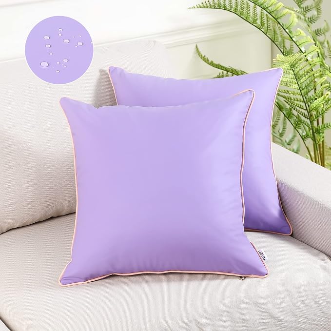 Pack of 2 Waterproof Silicone Leather Pillow Covers 16x16 Inches Fade-Resistant Durability Decorative Covers for Outdoor Garden Cushions Sunbrella Benches Patio Sofas Tents, Purple
