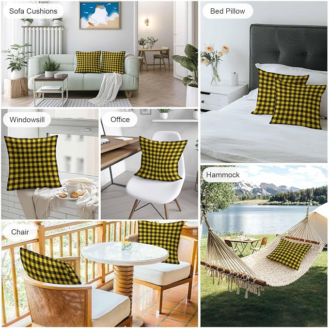 Outdoor Waterproof Throw Pillow Covers Set of 2 Yellow Buffalo Plaid Pillowcases 16x16 Inches Pastoral Black Checked Decorative Pillows Cushion Case Patio Pillows for Couch Bed Chair Garden