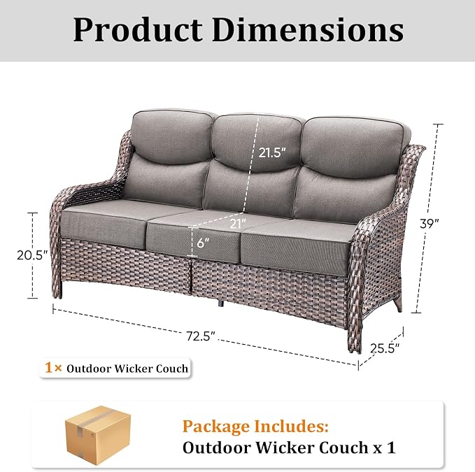 71'' Patio Couch Outdoor Wicker Sofa, Heavy Duty All-Weather Rattan 3-Seater Sofa with Deep Seating and Removable Cover, Outdoor Patio Furniture for Deck Porch Sunroom Backyard Brown/Grey