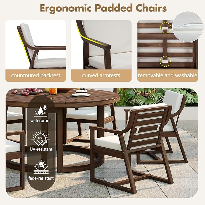 VilroCaz Acacia Wood Outdoor Dining Set for 6, All-Weather Outdoor Round Dining Table with 1.96" Umbrella Hole and 6 Armchair& Removable Cushions for Patio Backyard Pools (Mocha-2.14)