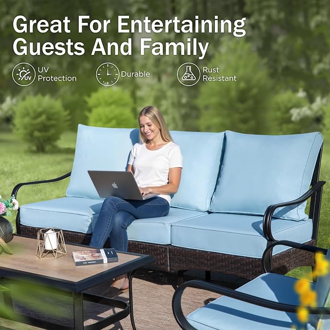 PHI VILLA Outdoor Modern Patio Furniture Set, Upgraded Wicker & Metal Patio Furniture Conversation Set with Waterproof Thick Cushions for Porch, Poolside, Yard (4 Pieces,Blue)