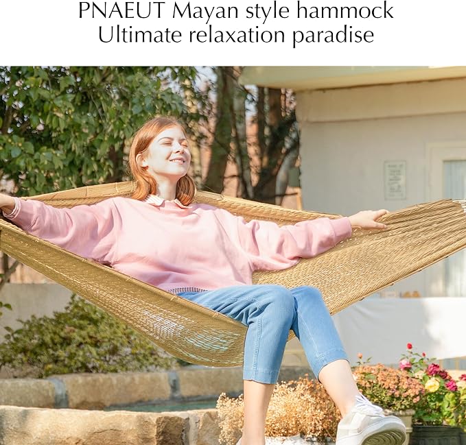 PNAEUT Handwoven Mayan Hammock, Thick Soft Rope Double Hammock for Outdoor Outside & Indoor, 600 lbs Capacity Heavy-Duty, Includes Tree Straps, Carabiners & Carrying Bag(Tan, X-Large)