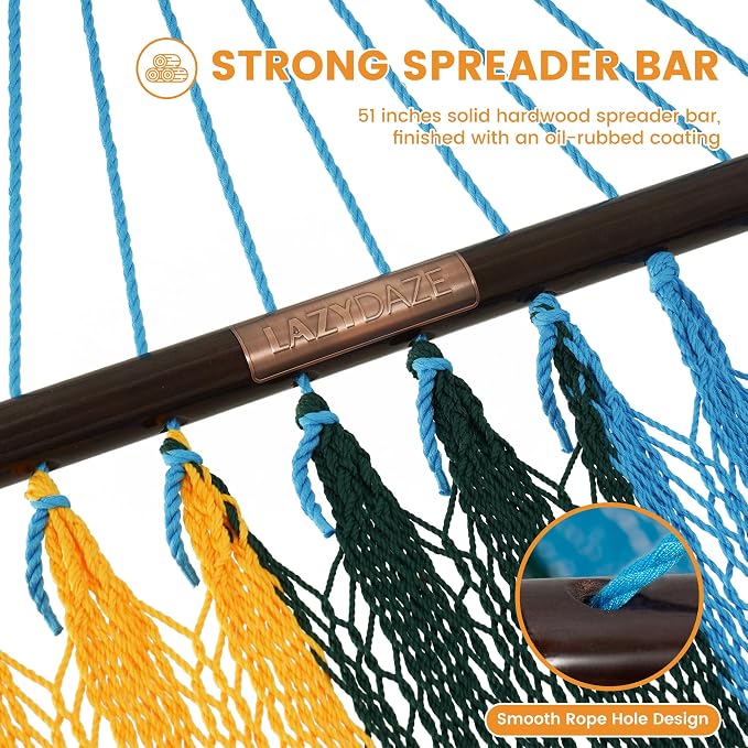 Lazy Daze Hammocks 10.5 FT Double 2 Person Caribbean Rope Hammock, Hand Woven Polyester Hammock with Spreader Bars, for Outside Outdoor Backyard Patio Poolside, 450 LBS Capacity, Rainbow
