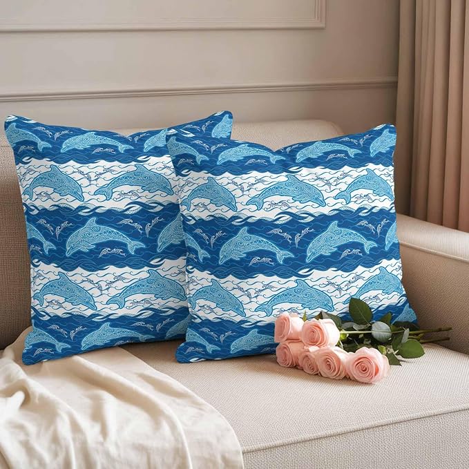 Waterproof Pillow Covers Set of 2,Summer Sea Dolphins Outdoor Pillow Protectors with Zipper Pillowcases for Patio Tent Garden Beach 18x18 Inches Blue White Waves
