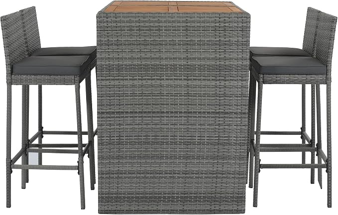 5 piece Patio Wicker Bar Set for 4, Outdoor Bar Height Table & 4 Rattan Cushioned Stool Chairs with Non-Slip Feet and Fixed Rope, Acacia Wood Table Top, Space Saving Design, Gray