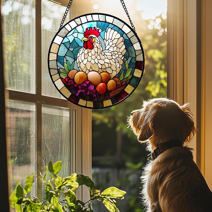 DASTOLL Stained Glass Window Hanging White Chicken Hatching Eggs Large 15" - Suncatcher Door Garden Sunroom Sun Catcher Home Decor Birthday Christmas for Mom Men Woman Nana
