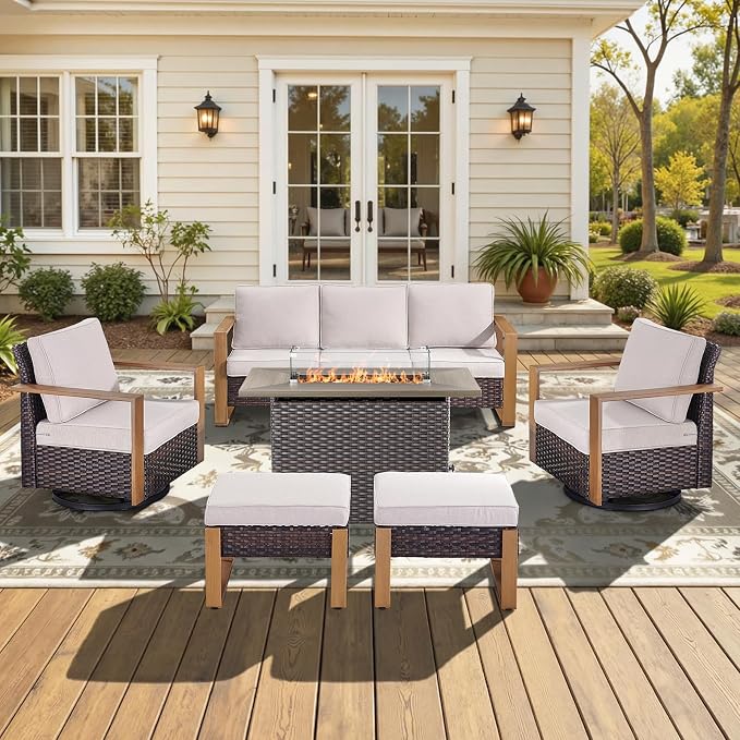 Patio Furniture Set with Fire Pit Table, 6-Piece Outdoor Wicker Sofa and Swivel Chairs, All-Weather Conversation Set for Backyard, Deck and Poolside Beige