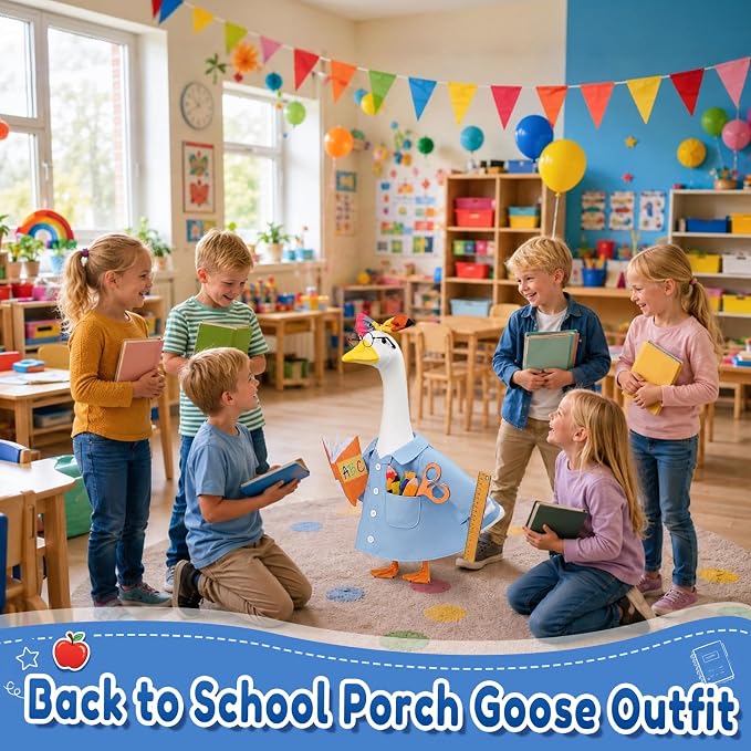 Teacher Porch Goose Outfit for 23 Inch Plastic Cement Goose Statue, Back to School Goose Clothes with Bows Hairband, Glasses & Felt Pencils, Classroom Porch Goose Costume for Yard Patio Lawn Decor