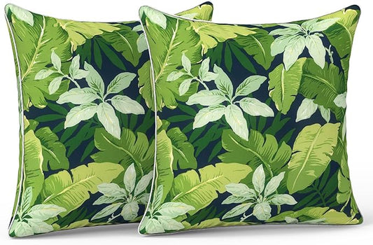 LVTXIII Outdoor Throw Pillows 20x20 Patio Waterproof Square Pillows with Piping Fade Resistant Accent Pillow for Spring Summer Garden Decoration, Set of 2, Jungle Leaves