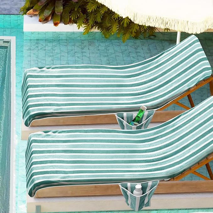 Lounge Chaise Chair Towel Cover,Pack of 2, Ultra Plush & Absorbent Micro Fleece Towel Cover for Pool,Beach,Outdoor(Garden, Courtyard)| Faster Drying, Non-Slip,2 Side Pockets | 85" x 30"-Green