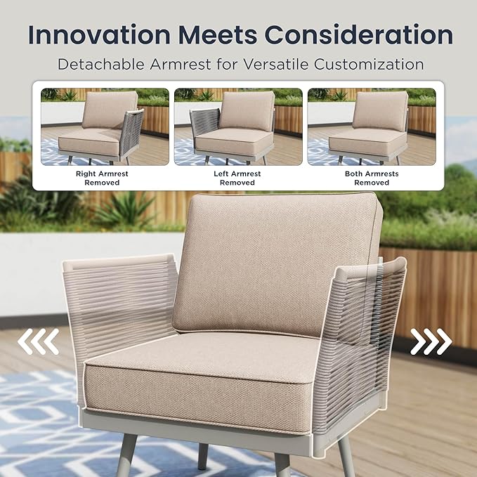 PHI VILLA 8-Piece Rope Rattan Patio Sectional Furniture Set,Modern Outdoor Conversation Set with Detachable Armrests and Grey Metal Frame,All Weather Patio Sofa with Coffee Table and Biege Cushions