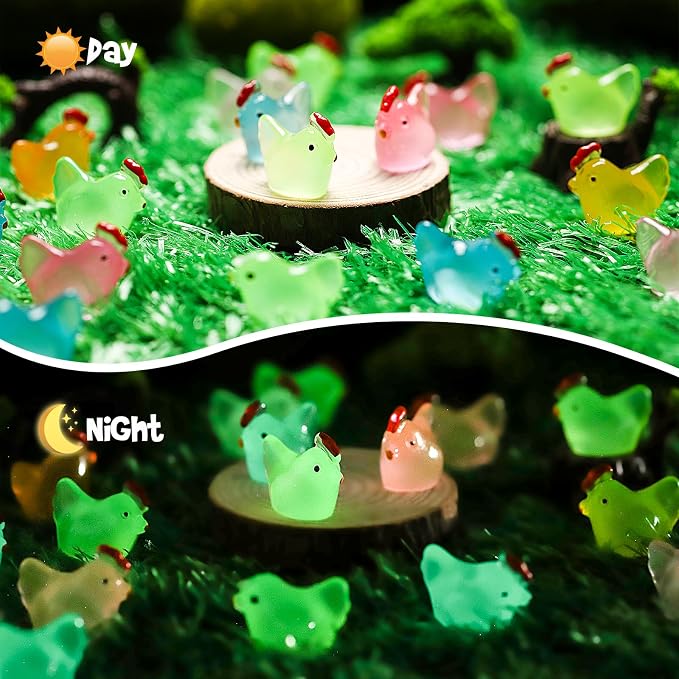 80 Pcs Luminous Mini Chicken, Resin Miniature Animal Figures in 8 Colors - Glow in Dark, Perfect for DIY Projects, Garden, Dollhouse, Aquarium Decor - Glows at Night