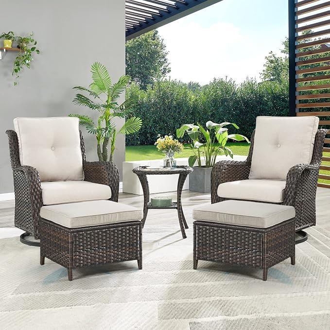 Rilyson Wicker Patio Furniture Set - 5 Piece Rattan Outdoor Sectional Conversation Sets with 2 Swivel Rocking Chairs,2 Ottomans and 1 Side Table for Porch Deck Garden(Brown/Beige)