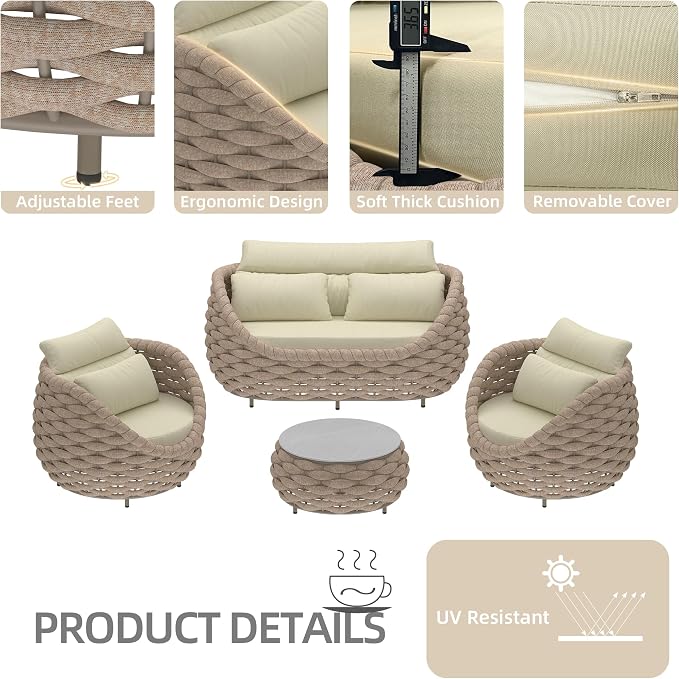 TWT Patio Furniture Sofa Set 4 Pieces Aluminum Outdoor Furniture w/25.6in Coffee Table,Patio Conversation Set with Hand Woven Textilene Rope for Backyard Garden Poolside (Khaki)