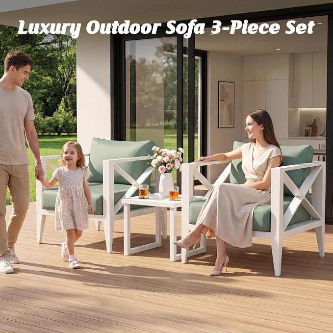 Aluminum Outdoor Patio Furniture Set with 5.2" Thick Cushions, 3-Piece Outdoor Sectional with Coffee Table, Patio Conversation Sets for Backyard,(White,2 Seats)