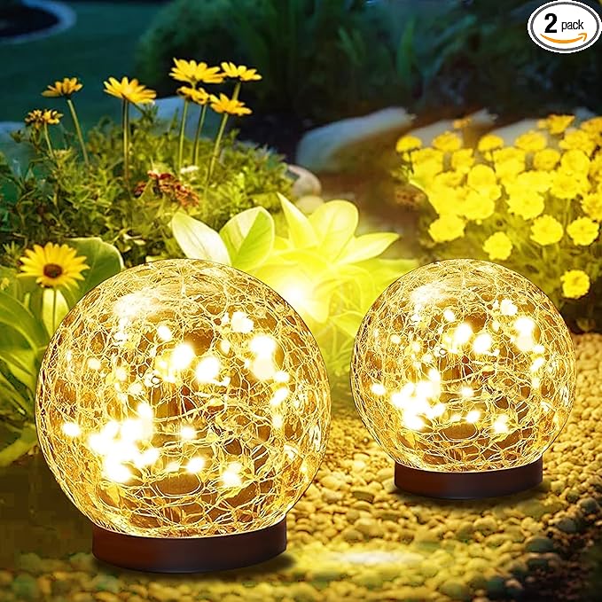 Solar Lights Outdoor Waterproof 30LEDS, 2 Pack Cracked Glass Solar Globe Lights Outdoor with Auto On/Off, Outside Decorations for Yard,Garden,Patio, Pathway,Landscape - Warm White