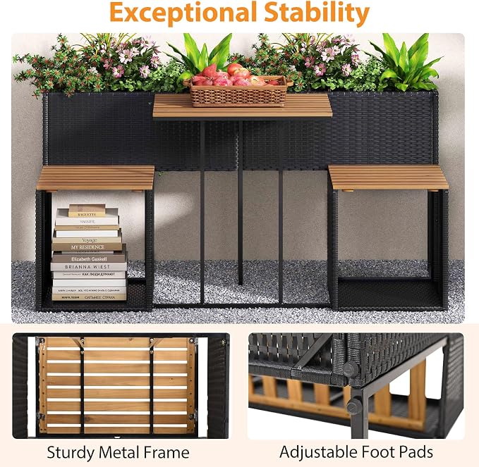 Moccha Patio Furniture Set with Raised Garden Bed - Rattan Outdoor Conversation Set with Bottom Storage, Acacia Wood Seating and Flower Box Set, Garden Planter Table with Chairs for Porch Yard Deck