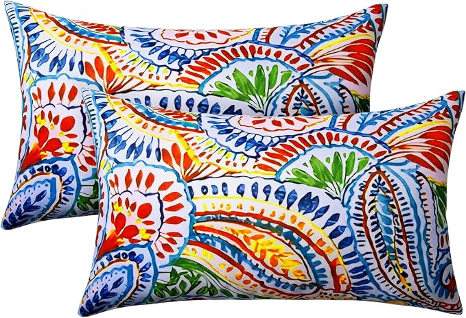 2 Pack Waterproof Outdoor Pillows, 12x20 Outdoor Lumbar Pillows | Patio Furniture Pillows, Decorative Throw Pillows, Waterproof &Fade Resistant, Removable & Washable, Paisley Multi Red