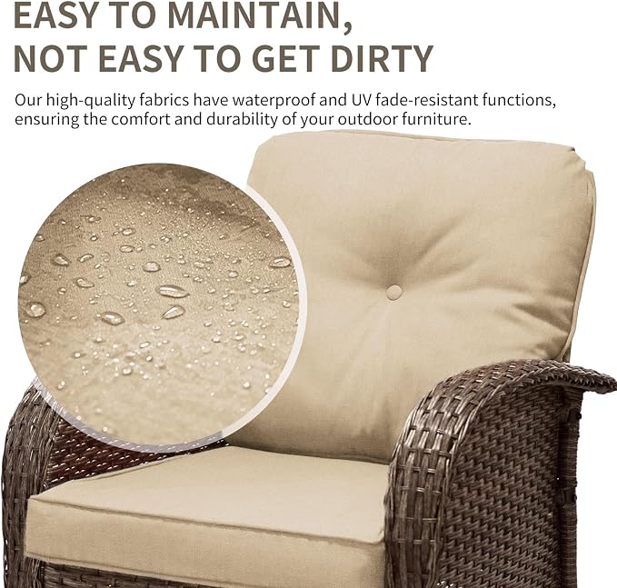 Outdoor Swivel Rocker Patio Chairs (Brown Wicker/Khaki Cushion, 7PC/Sofa & Swivel &2 Table & Ottomans)