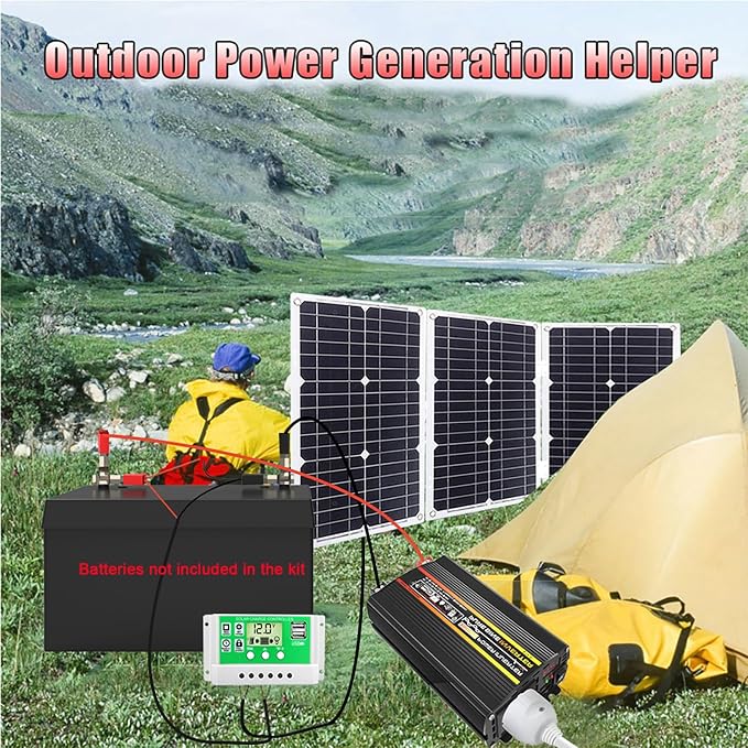 6000W Solar Generator Kit - 12V to 110V/220V Inverter, Dual USB Ports, 75W Foldable Solar Panel, 4 USB Output, 50A Controller, Portable Off-Grid Power System for Home & Outdoor Use (Black)