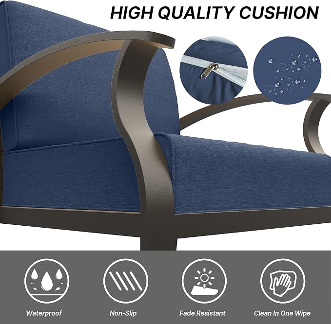 Gotland Aluminum Patio Furniture Set, Metal Outdoor Furniture with 45’’ 55,000 BTU Fire Pit Table 5.1’’ High-Resilience Seat Cushions, 5 Piece Patio Set Patio Conversation Sets for Backyard, Navy