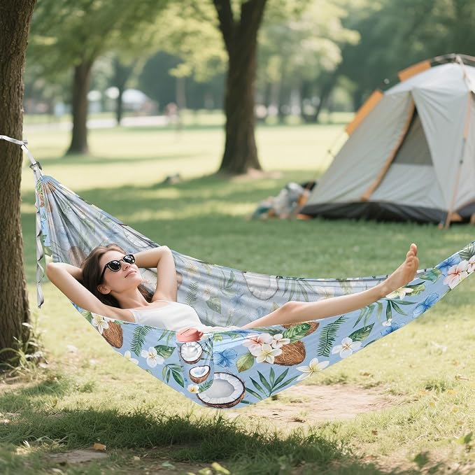 Camping Hammock Outdoor Hammocks for Outside Coconut Tropical Flowers Beach Trees Portable Lightweight with Pockets Tree Straps Indoor