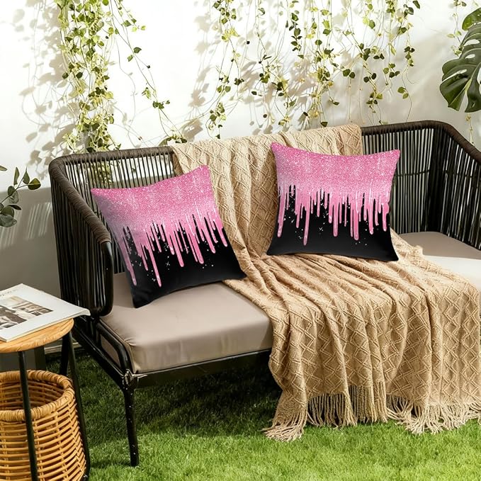 22x22 Inch Outdoor Pillow Covers Set of 2 Waterproof Throw Pillow Covers Decorative Couch Cushion Covers Pink Glitter Flow Square Pillowcases Protectors for Patio Garden Sofa