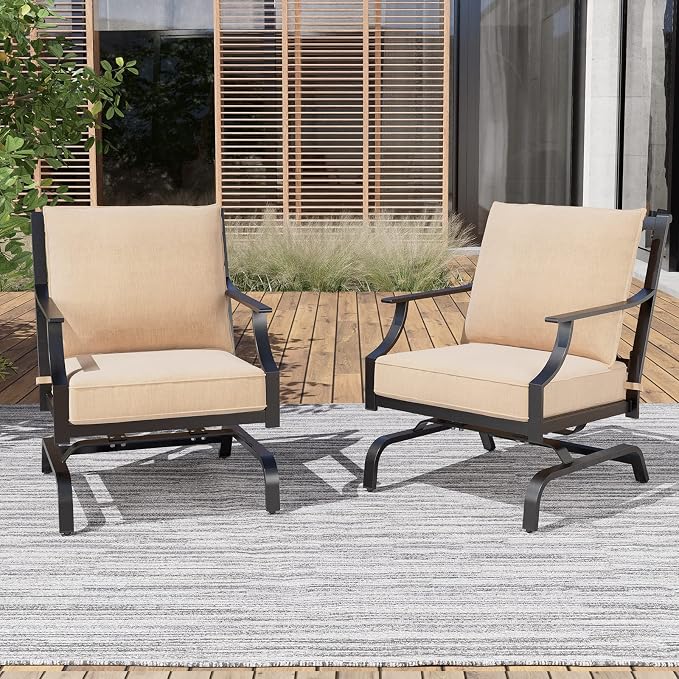 Grand Patio Outdoor Patio Seating, Motion Chair, Stationary Rocker, Padded Cushion Chair Set of 2, Beige