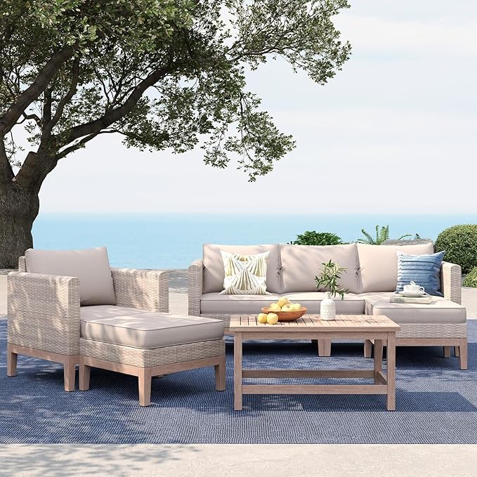 MFSTUDIO Wicker Patio Furniture Set, All Weather Rattan Outdoor Conversation Set with 2 Ottomans, 5 Pieces Patio Sectional Modular Sofa Couch Set with Wood Coffee Table, Beige Cushions