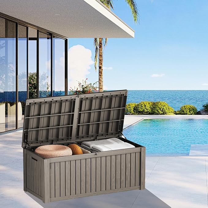 Outdoor Storage Box 180GAL Waterproof Resin Deck Box,UV-Resistant Lockable Package Delivery Bin for Garden Tools,Large Patio Outside Cushions,Pool Accessories Supplies,Chest,Light Coffee