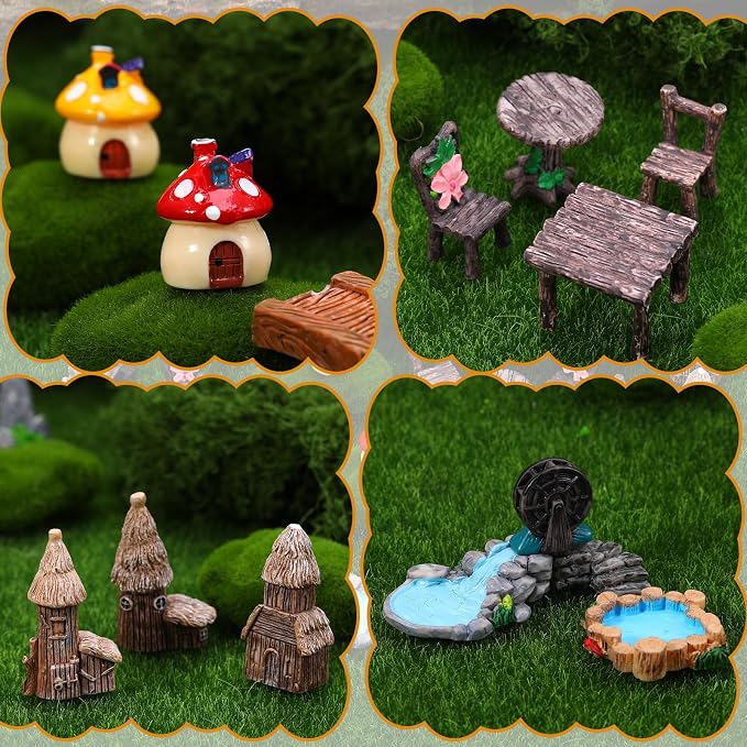 32 Pcs Fairy Garden Accessories Miniature Landscape Ornaments Set | Resin Miniature Garden Decor Set with Woodland Animals Houses, 32 Pcs DIY Terrarium Succulent Plant Ornaments