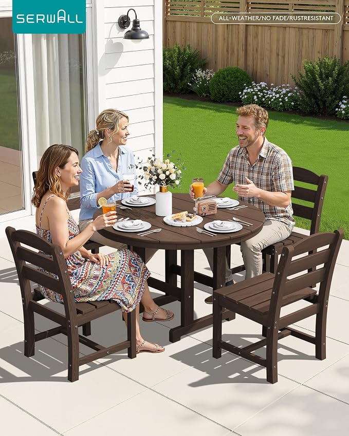 SERWALL 6-Piece Patio Dining Sets, HDPE Outdoor Table and Chairs Furniture Set with Umbrella, 45" Round Dining Table & 4 Armless Dining Chairs & 1 9FT Umbrella, Coffee(Not Include Umbrella Base)