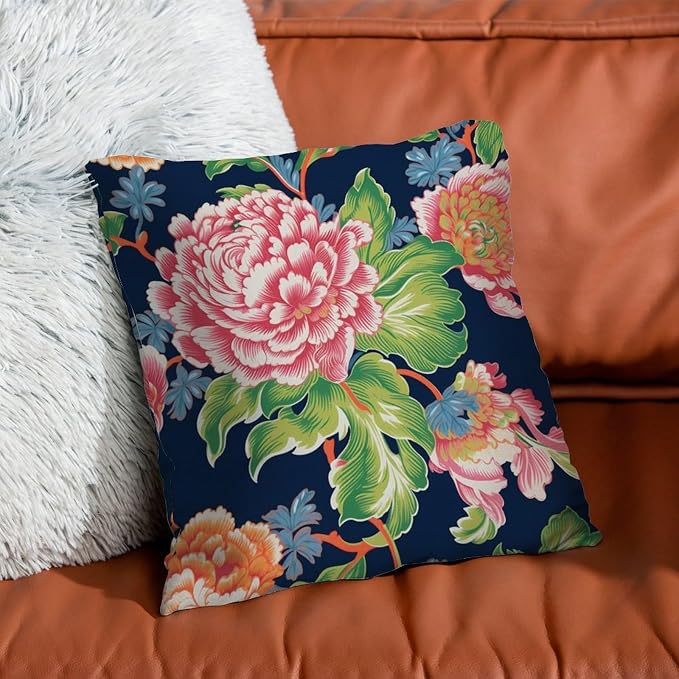 Pillowcase Floral Bright and Cheery Chinoiserie Pillow Covers Abstract Pink Coral Peony on Navy Pillow Cover Accent Square Couch Sofa Cushion Covers for Patio Furniture Tent Garden 16x16 in