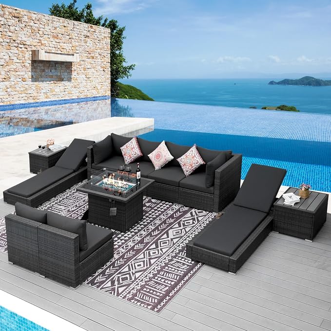 NICESOUL 11-Piece Patio Furniture with Chaise Lounge, Modern Wicker Outdoor Sectional with Fire Pit Table, Comfortable 29.3'' High-Back Backyard Seating, Heavy Duty All-Weather Couch Set, Dark Grey