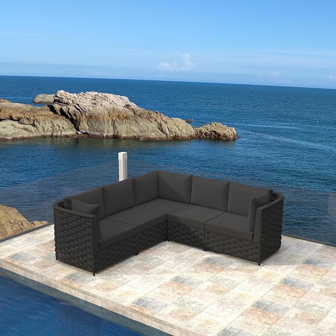 TWT 5-Piece Modular Outdoor Sectional Sofa Set, 5-Seater Woven Rope Patio Conversation Couch with Water-Resistant Cushions, for Backyard Balcony Deck, Dark Gray