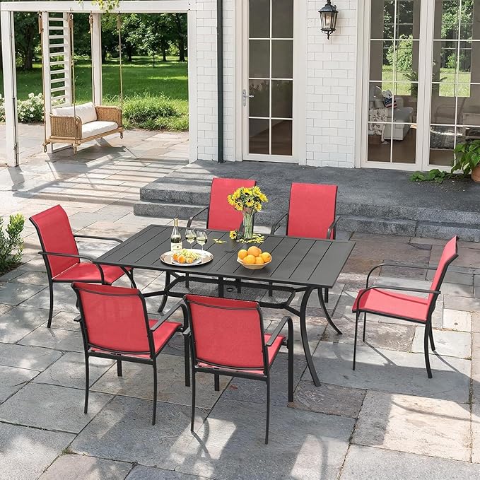 VICLLAX 7 Pieces Patio Outdoor Dining Set, 59" Metal Dining Table with Umbrella Hole and 6 Stackable Textilene Chairs for Patio, Lawn, Garden, Porch, Black/Red