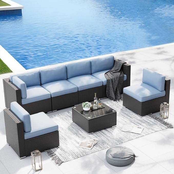 SUNCROWN 7-Piece Outdoor Patio Furniture Sofa Set All-Weather Wicker Sectional Conversation Set with Modern Glass Coffee Table, Cushions and A Waterproof Cover -Light Blue