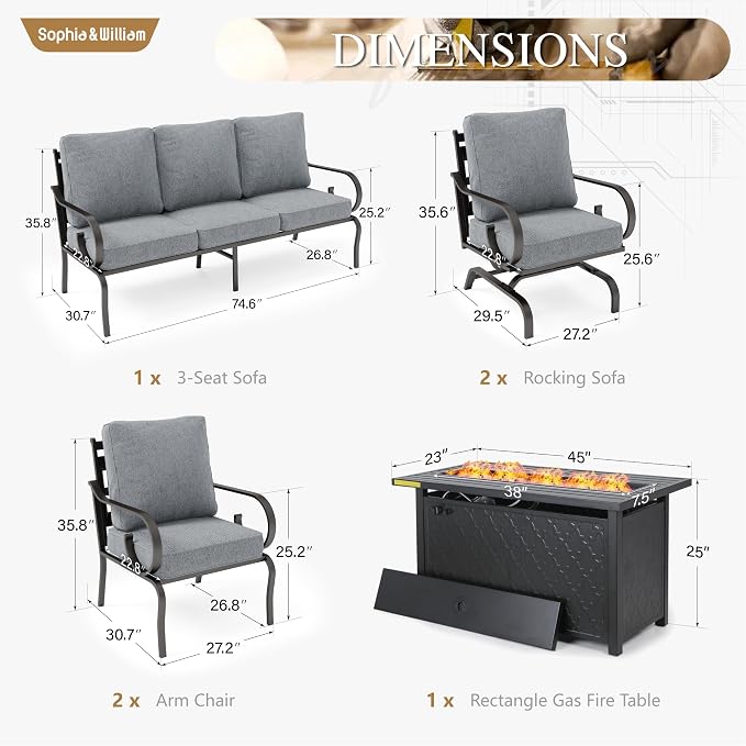 Sophia & William Patio Conversation Set for 7, 3-Seater Sofa, 2 Fixed Chairs, 2 Rocking Chairs and a 45" Fire Pit Table, Metal Outdoor Furniture with 5.75" Extra Thick Cushions, Grey