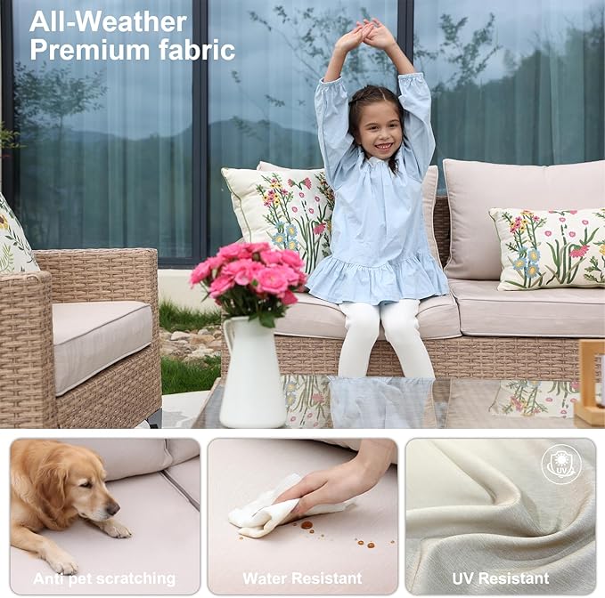 JOYURE 4-Piece Patio Furniture Set,Outdoor Wicker Patio Conversation Set with Tempered Glass Table,All-Weather Rattan Sectional Loveseat&Chairs with Thick Cushions for Garden,Deck,Backyard-Beige