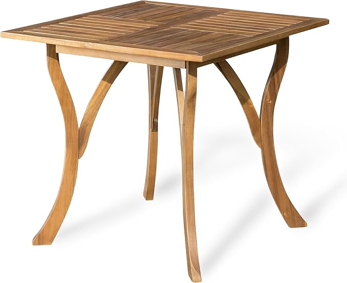 Christopher Knight Home 5 Piece Outdoor Dining Set Acacia Wood Square Table and 4 Light Brown Wicker Chairs with Cream Cushions Teak Finish Patio Furniture Set for Garden Backyard Balcony
