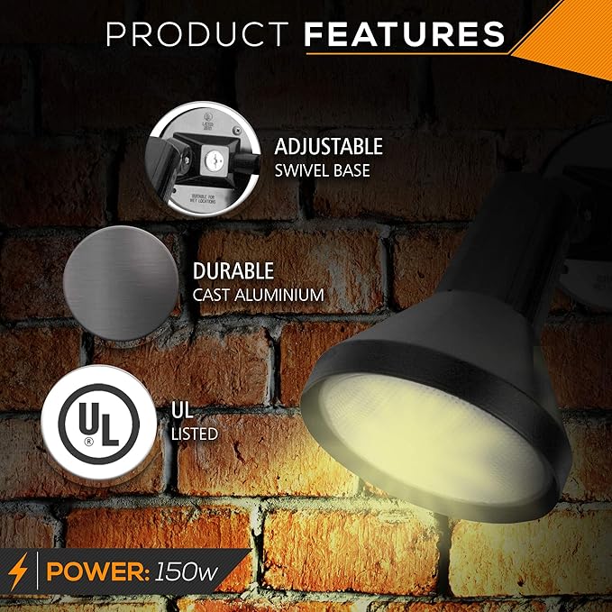 Ciata 15" Outdoor Security Flood Light 2 Head with Heavy Duty Cast Aluminum Body 150W PAR38 Weather Proof Dark Bronze Finish - 6 Pack