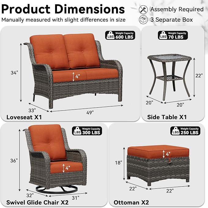 6 Piece Outdoor Wicker Patio Furniture Set, Outdoor Swivel Rocker Patio Chairs Set with Thickened Olefin Cushions, High Back and Deep Seating, Hand-Woven PE Rattan for Porch, Deck