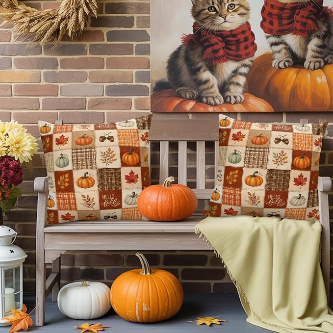 Thanksgiving Checked Throw Pillow Covers 18x18 Inch Set of 2, Fall Waterproof Outdoor Pillow Covers, Pumpkins Maple Orange Checker Decorative Cushion Pillowcases for Couch, Sofa, Bed, Garden, Patio