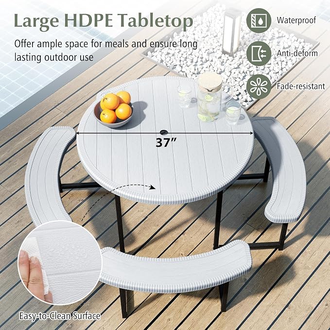 Byroce 6-8 Person Picnic Table for Outdoors, HDPE Picnic Table Set with 4 Benches, Umbrella Hole & Metal Frame, Heavy Duty Round Dining Table Chairs for BBQ Party in Patio, Yard & Poolside (White)