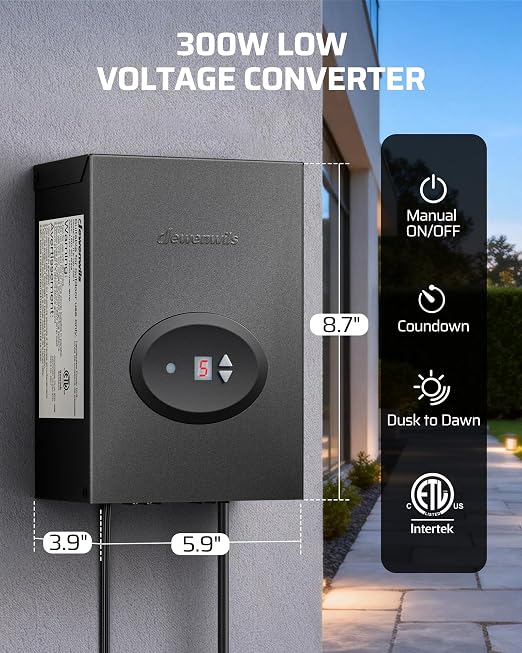 DEWENWILS 300W Low Voltage Landscape Transformer, Outdoor Weatherproof Transformer with Timer and Photocell Sensor, 120V AC to 12V/12V AC for LED Lighting, Spotlight, Pathway Light, ETL Listed