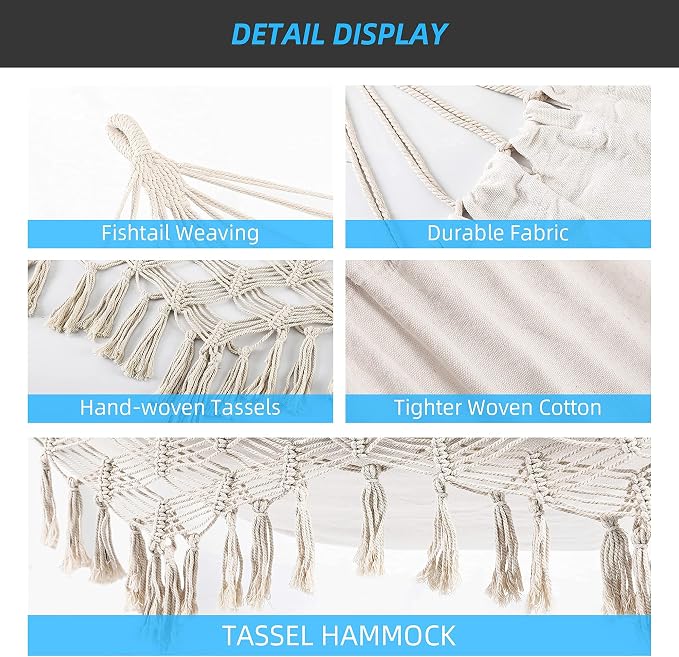 Indoor Hammock with Macrame Fringe for 2 Persons,Double Boho Hammocks with Tassels,Portable Cotton Rope Hamaca Swing with Travel Bag for Outside,Porch,Garden,Patio,Backyard,Up to 500lbs White