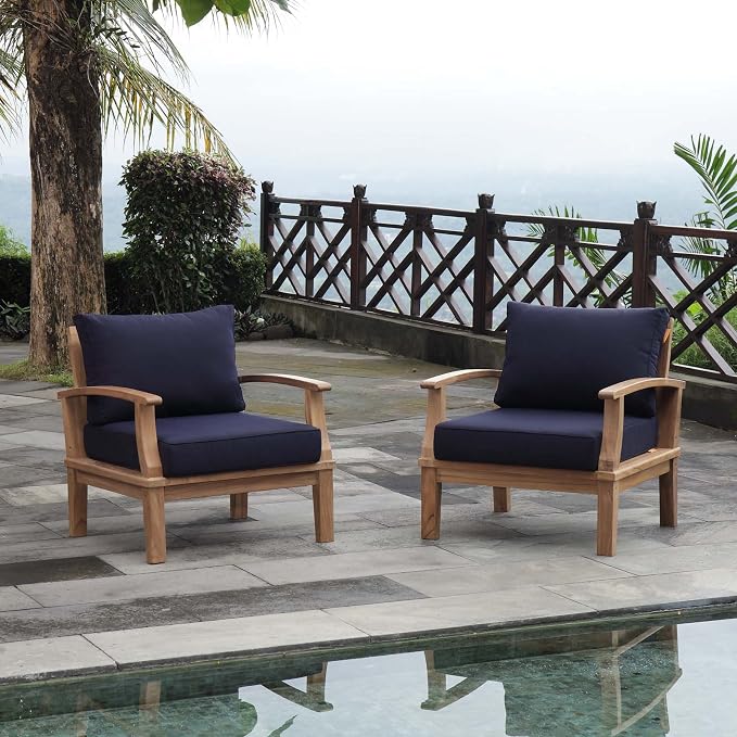 Modway EEI-1819-NAT-NAV-SET Marina Premium Grade A Teak Wood Outdoor Patio Armchairs-Set of 2, Natural Navy