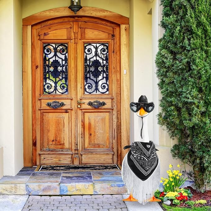 Disco Cowgirl Porch Goose Outfit 23" Cement Goose Statue Fringe Bandana Sunglasses for Summer Lawn Desk Patio Yard(Black)