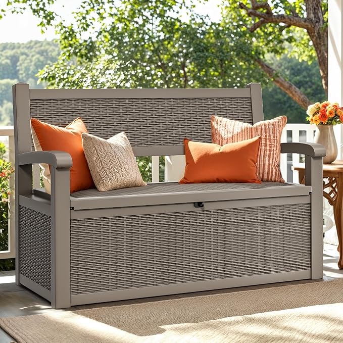 YITAHOME 80 Gallon Storage Bench Deck Box, Lockable Patio Bench, Waterproof Outdoor Pool Deck Storage for Patio Cushions, Garden Tools and Pool Supplies, Light Brown