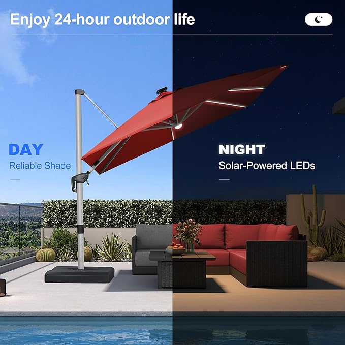 PURPLE LEAF 10 Feet Patio Umbrella with Lights Outdoor Square Cantilever Umbrella Solar Powered LED with 360-degree Rotation for Garden Deck Pool Patio, Brick Red